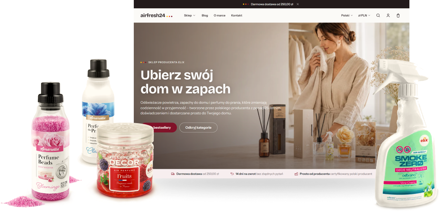Airfresh24 online store with ELiX perfume beads, laundry perfume, gel air freshener and odor neutralizer spray