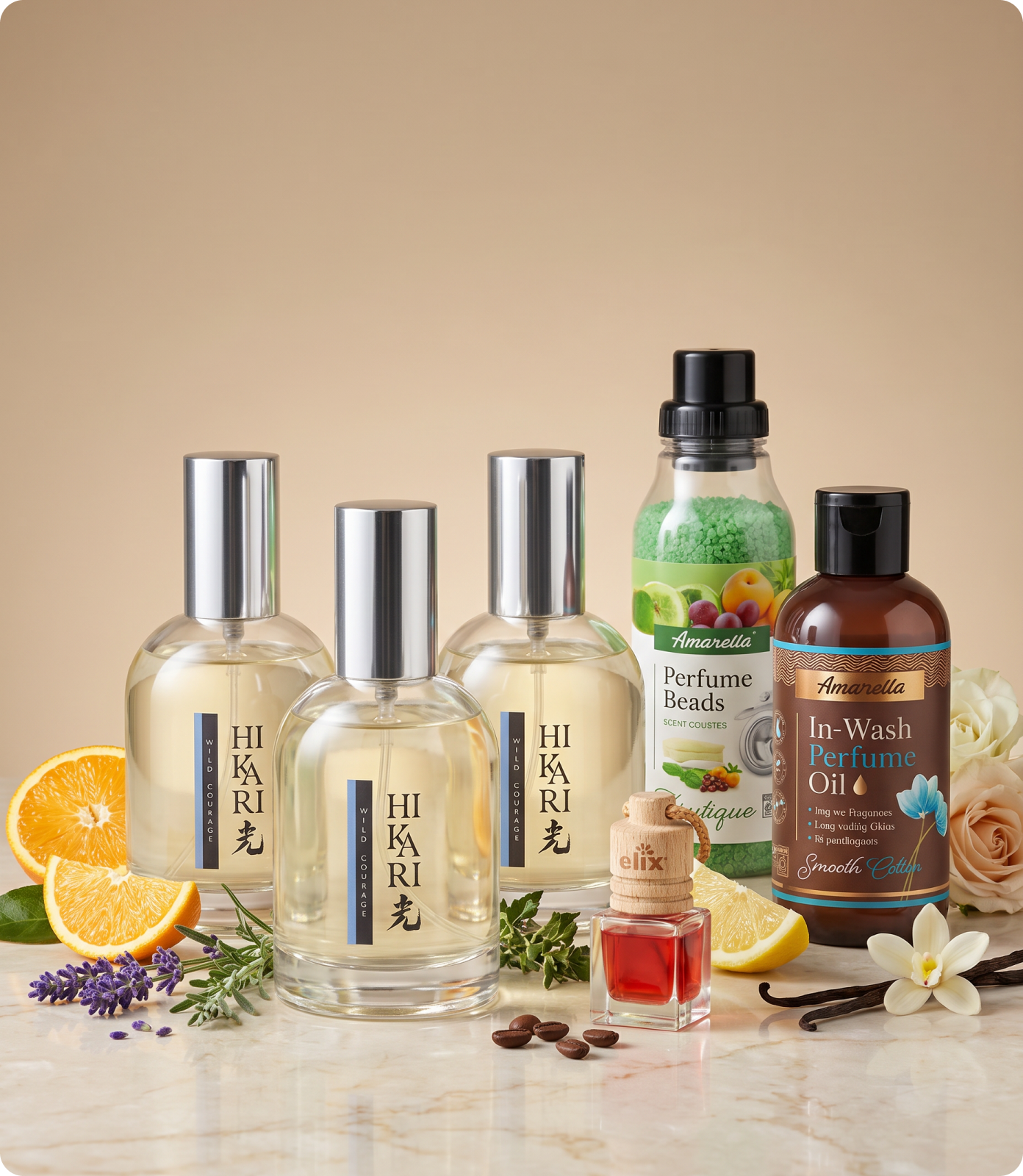 HIKARI eau de parfum, Amarella perfume beads and in-wash perfume oil bottles HIKARI eau de parfum, Amarella perfume beads and in-wash perfume oil bottles