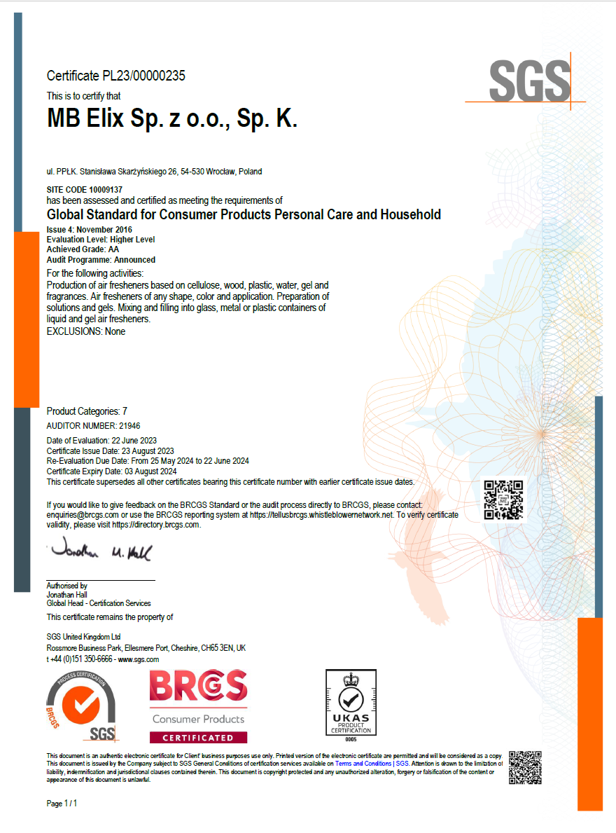ELiX - BRCGS Consumer Products Personal Care and Household certificate by SGS United Kingdom Ltd